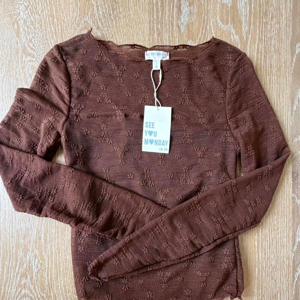 See You Monday NEW Brown Sheer Floral Long Sleeve, Med